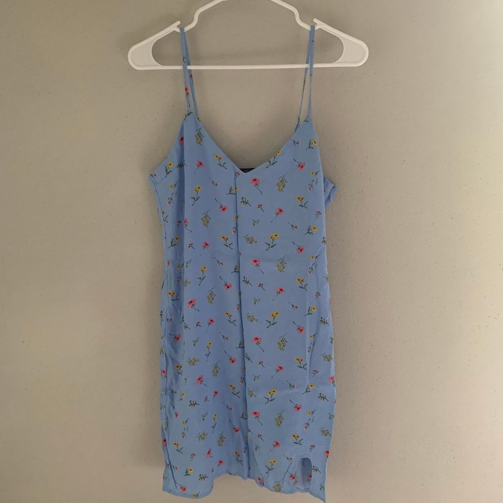 Blue Floral Linen Slit Mini Dress w/ Adjustable Straps